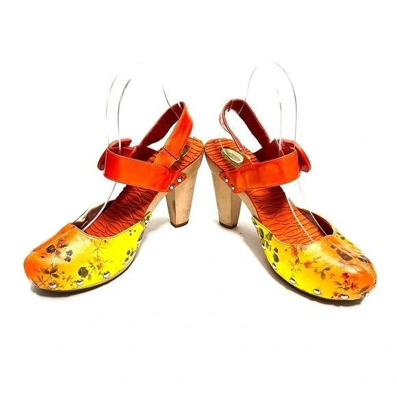 Vintage Y2K orange and yellow floral leather strappy heeled wooden clogs - Picture 5 of 8